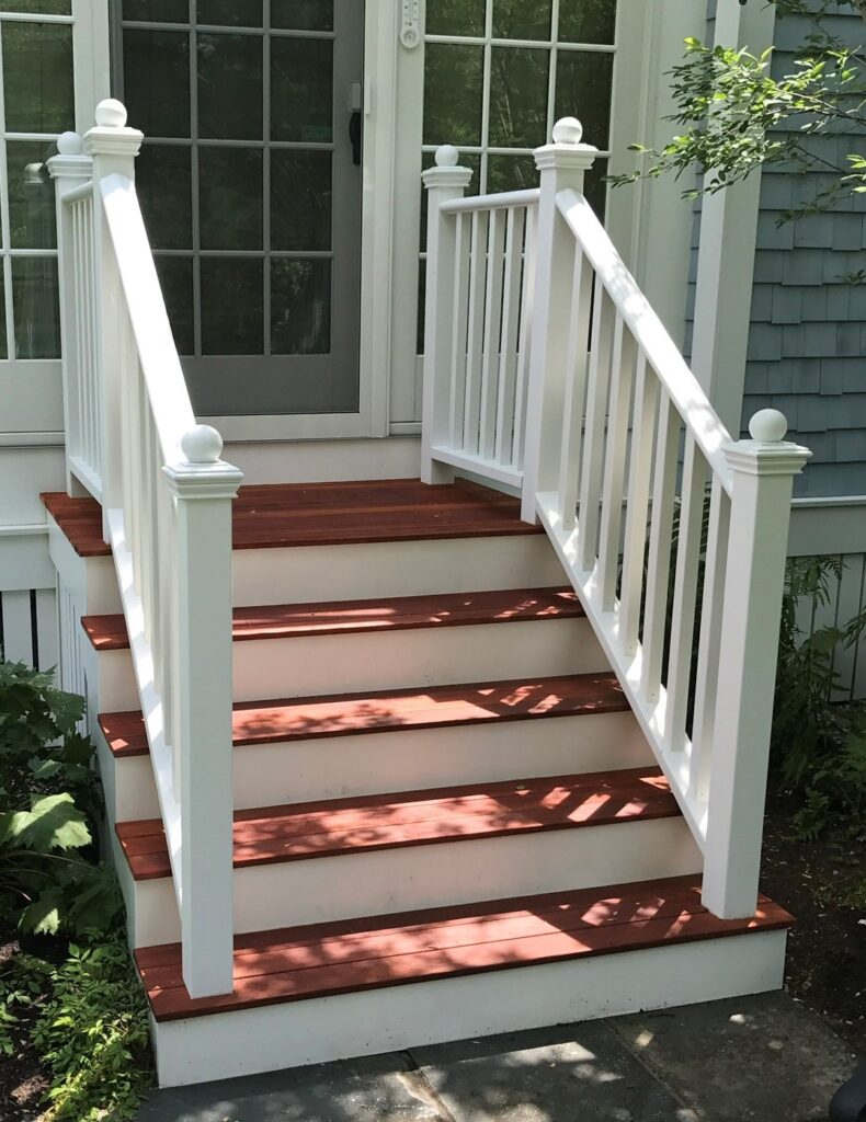 Beautifully restained and refinished cedar steps after restoration