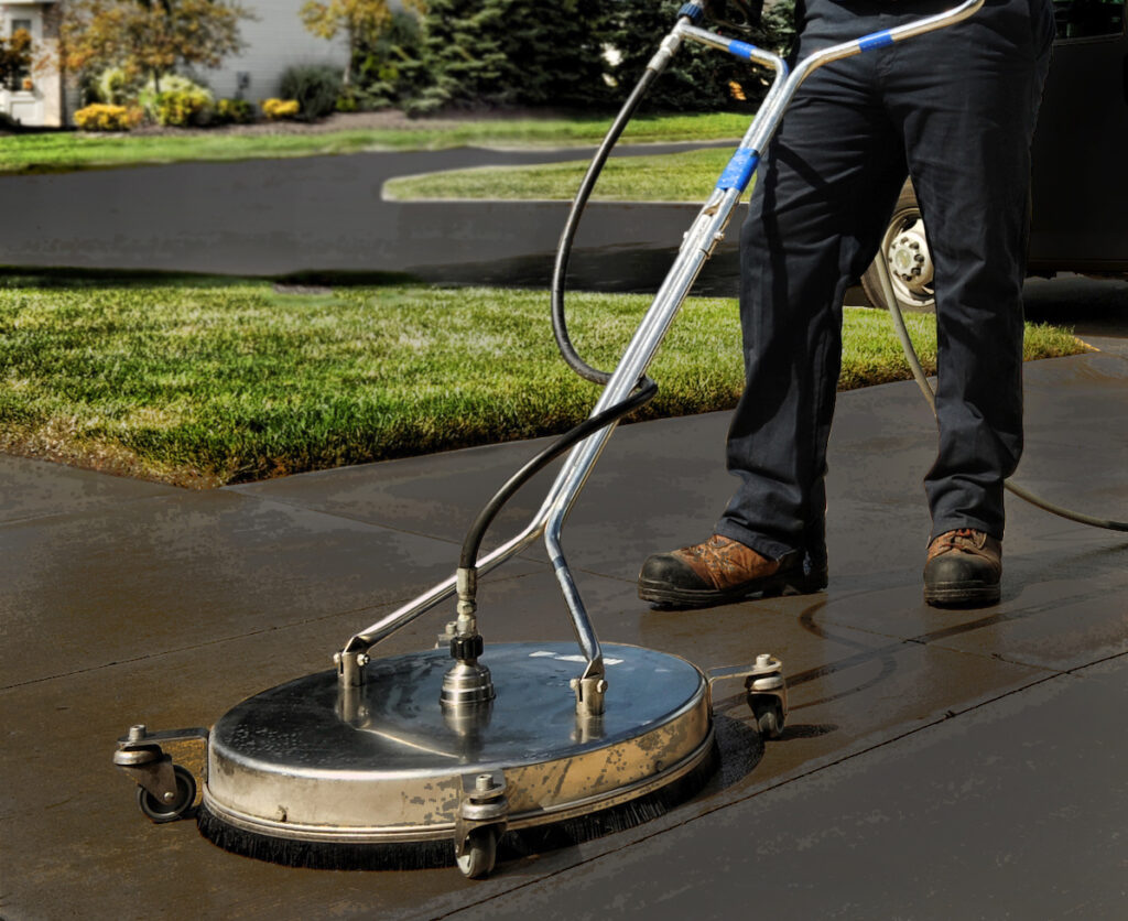 man cleaning driveway with pressure washer surface cleaner